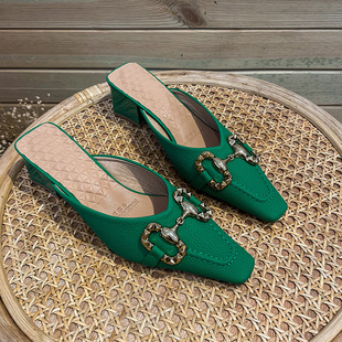 Metal Buckle Square Toe Fashionable Back Hollow Thick Heel Sandals 2025 New Style Lychee Leather Korean Style Baotou High Heel Slippers