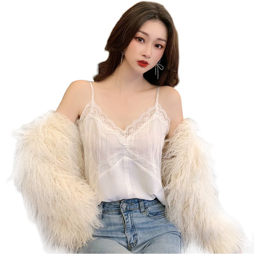 Lace fringe organza velvet spaghetti strap camisole top as inner layer basic shirt, autumn new women's Korean style top