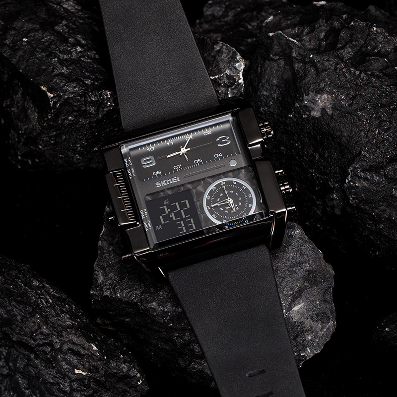 Wrist Watches For Men, Square Gold Tone Dial, Multifunctional Dual Display Quartz Movement, Waterproof Leather Strap, Casual Fashion Male Wristwatch_voghion.com