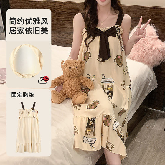 Pajamas for Women Summer Short-Sleeved Mid-Length Suspender Nightgown Cartoon Bear Print Floral Korean Style Pure Lust Style Home Wear