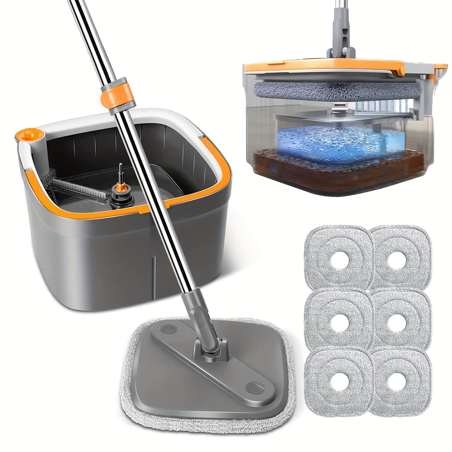 Spin Mop Bucket Set, self-separating dirty-water system, microfiber pads 6/10 pcs