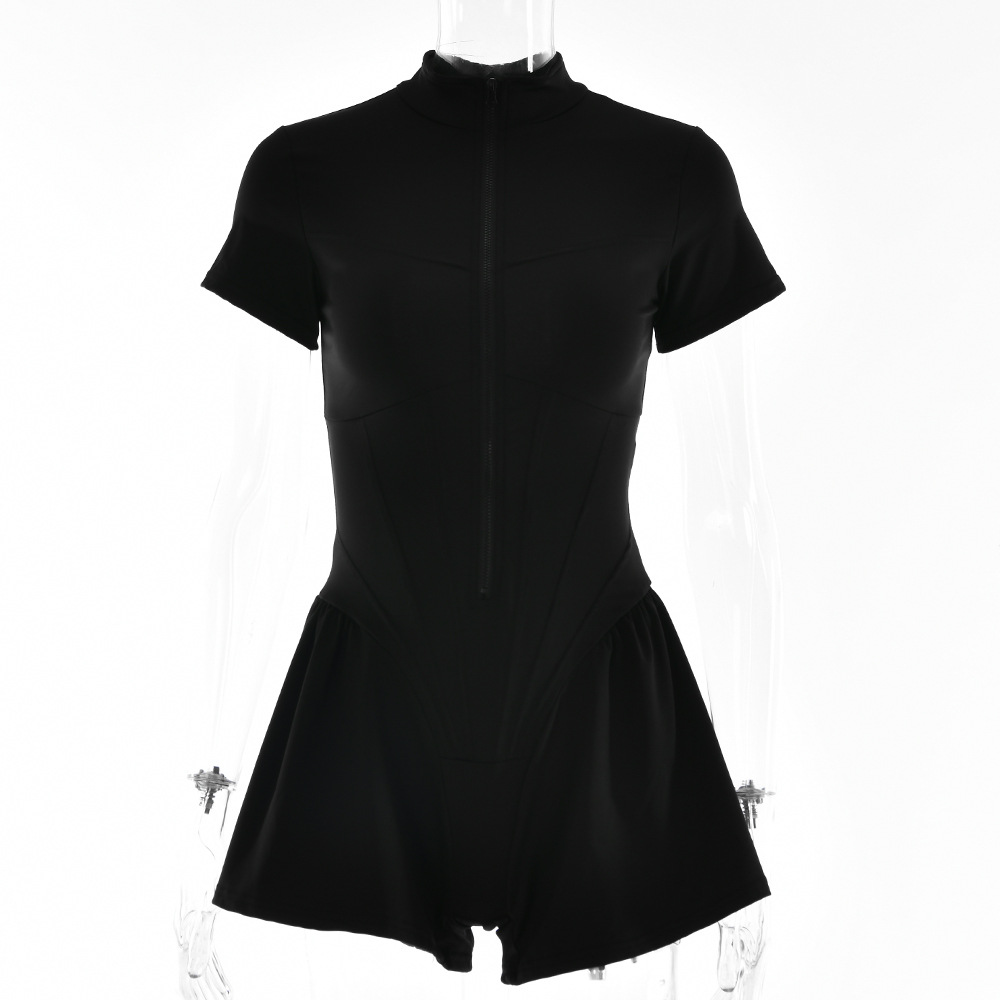 Amazon transfronteriza Venta caliente sexy apretado Falda corta mono otoño nuevas mujeres de cuello redondo manga corta cremallera bottoming camisa image 9