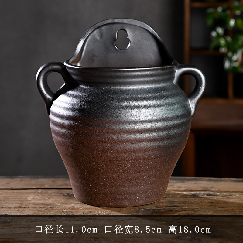 Patio al aire libre montado en la pared retro creativa maceta de eneldo verde cerámica de cerámica de gres para el hogar olla de cerámica carnosa liquidación al por mayor