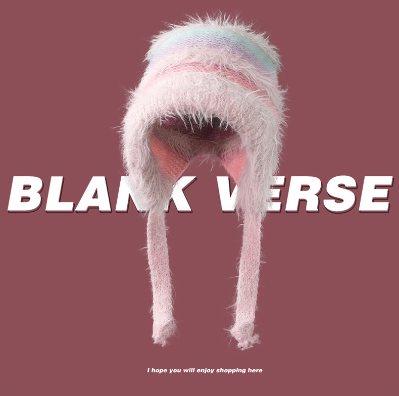 Cappello di lana lavorato a maglia con lacci, protezione per le orecchie, autunno e inverno, colore sfumato, a righe, caldo, in peluche, da donna_voghion.com