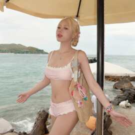 纯欲泳衣比基尼套装性感格子外贸度假辣妹温泉荷叶边泳泳衣女度假