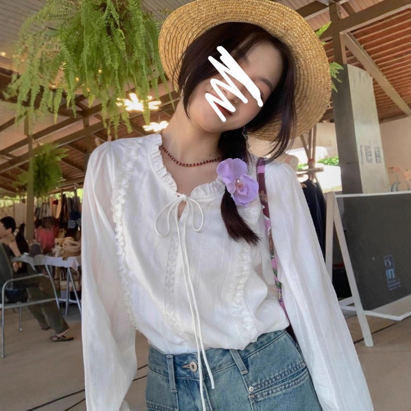法式系带2025年秋花边领白衬衫女小个子别致温柔风衬衣女|undefined