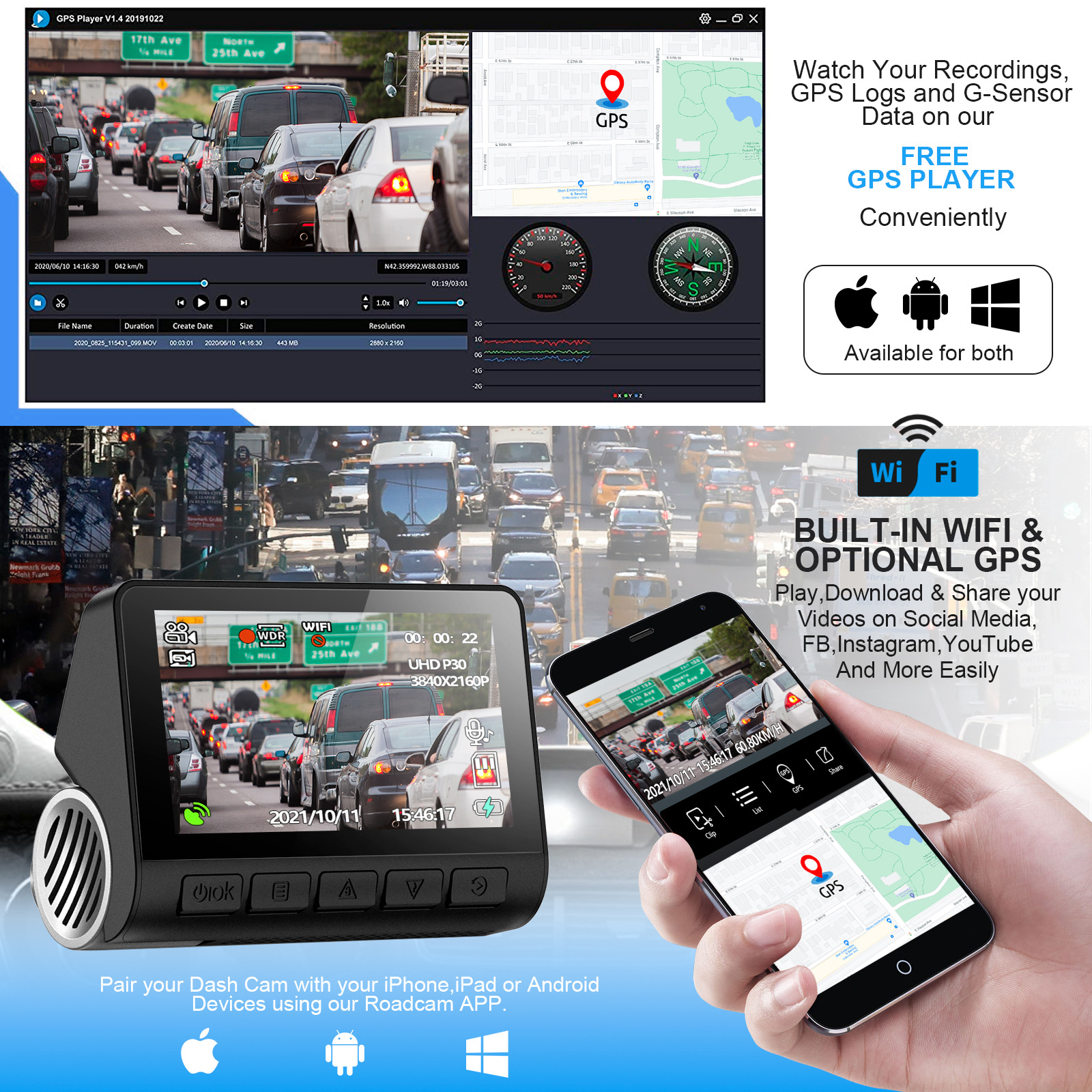 V55 Dashcam 4K Dachcam Wifi Mobile Phone Interconnection Cross-Border High-Definition Dashcam