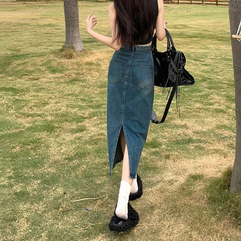 开叉牛仔半身裙女2025年高腰遮胯显瘦包臀小个子百搭a字裙复古蓝|undefined