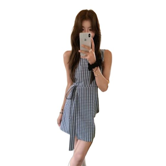 2025 French Elegant Slim Two-color Sleeveless Crewneck dress Women's Tight Waist Lace-up Short Skirt New dress
