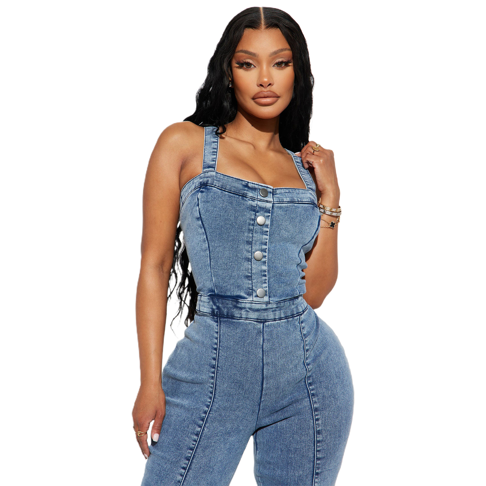 500g Weight Sleeveless Sleeve Length Full Length Pants Length Cotton, Denim Fabric Type High Waist Waist Line Jumpsuits Pants Type Stretchy Elasticity Bodysuits Tops Type Holiday, Daily, Selfie Occasion Loose Fit Type Solid Color Pattern Summer, Spring, Autumn Season Women's Gender Casual, Streetwear Style Women's Holiday Daily Selfie Bodysuits Casual Streetwear Solid Color Full Length Jumpsuits 3