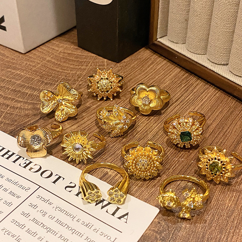 復古港風金色拉絲繁花開口戒指女新中式時髦輕奢皺菊氣質指環配飾
