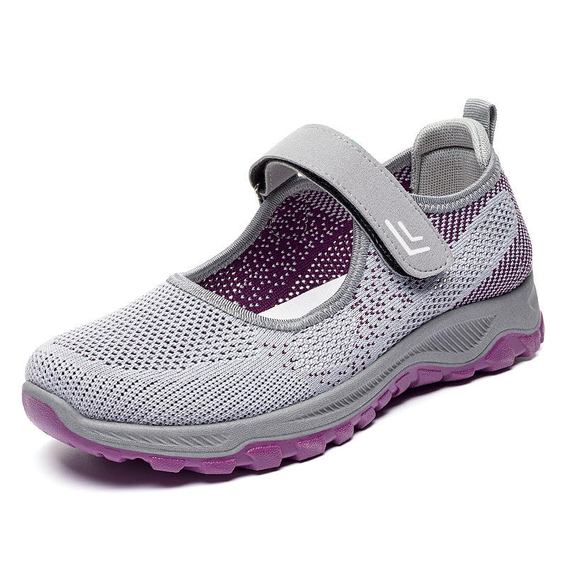 Procesamiento y personalización de zapatos de mujer, nuevos zapatos bajos para caminar, cómodos zapatos con velcro para madres de mediana edad y mayores, zapatos de malla tejida con mosca hueca