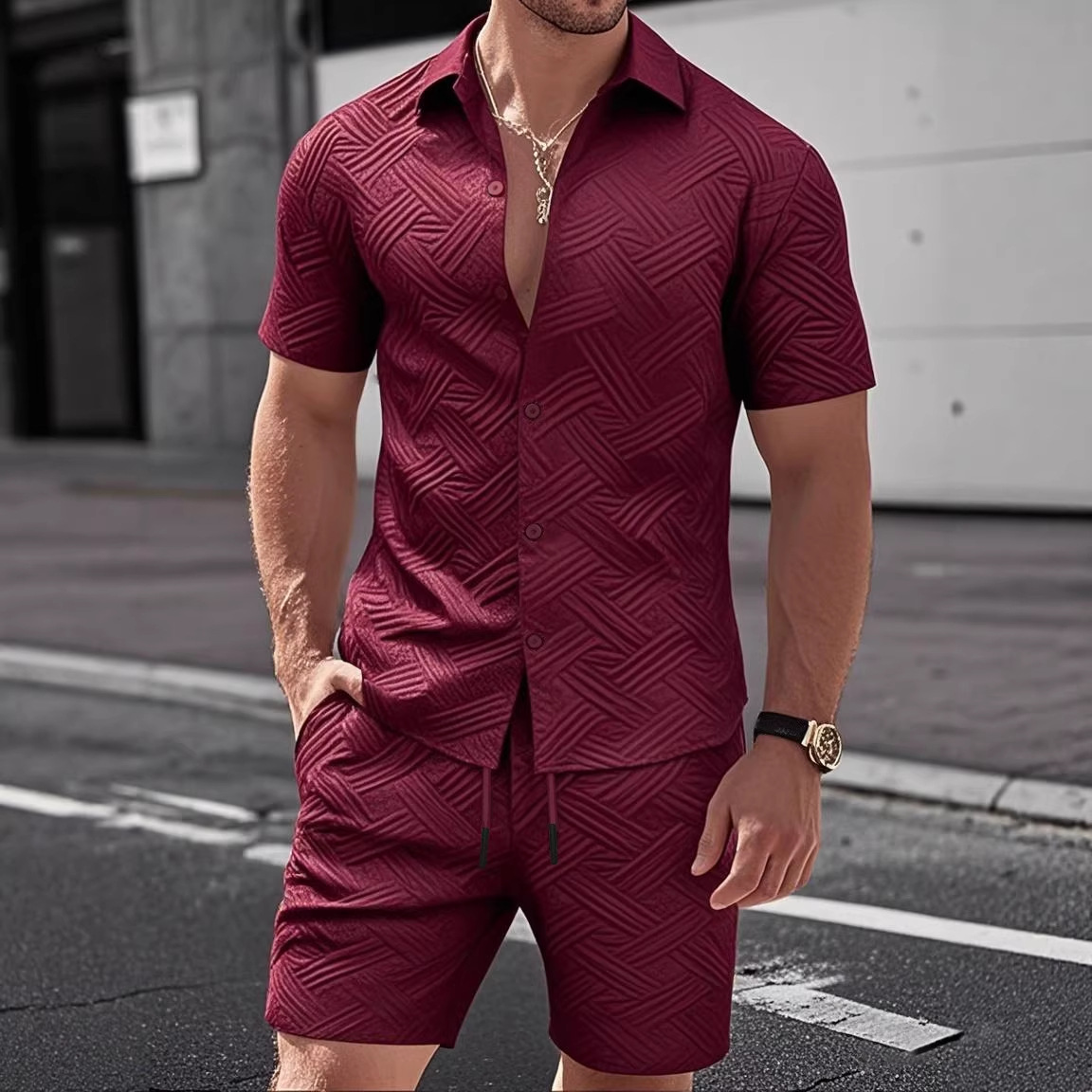 Nuevo comercio exterior transfronterizo nuevo hombre de verano Jacquard de color sólido con solapa Cardigan con solapa Casual camisa de manga corta set
