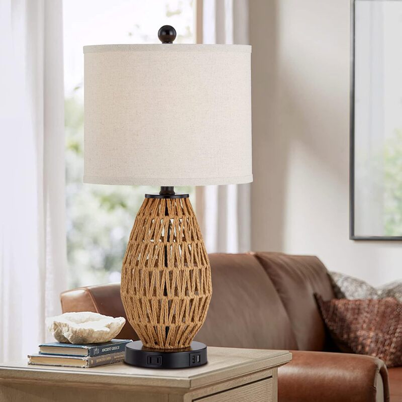 Touch Control Rattan Table Lamp Bedside Lamp with USB Port and AC Socket Living Room Wicker Nightstand Lamp