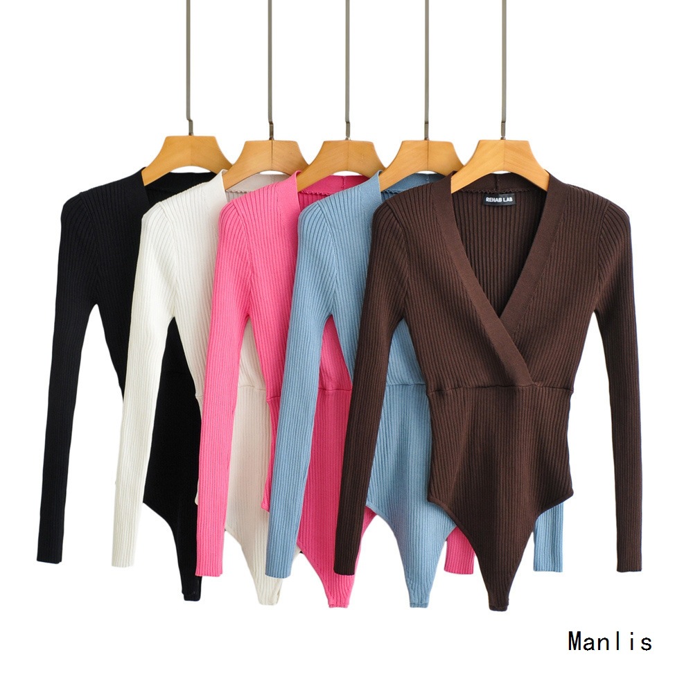 Ins Cross-Border European and American 2025 New Fashion Elegant Women's Clothing Wholesale Long-Sleeved Pure Color Cross-Neck Knitted Jumpsuit