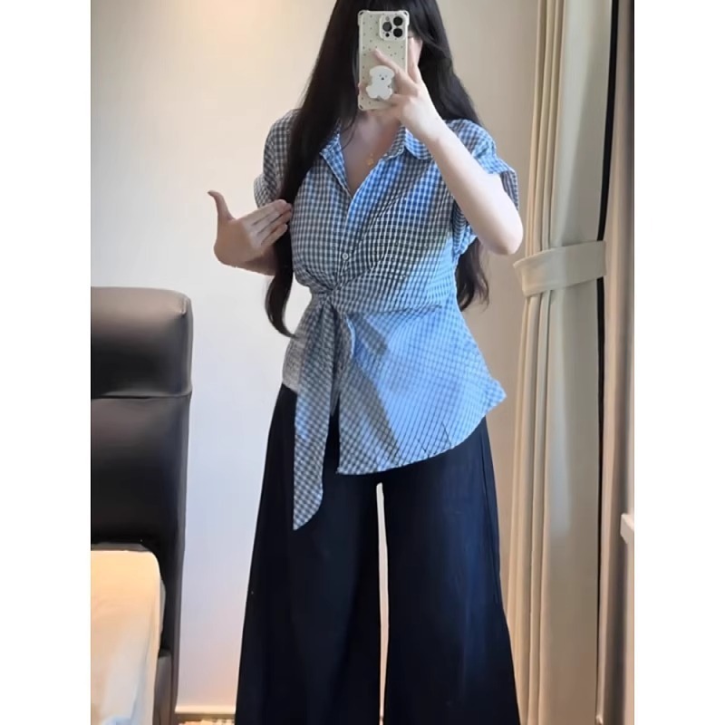 大码收腰绑带短袖POLO领蓝色衬衫女装夏季显瘦中长款法式格子上衣|undefined
