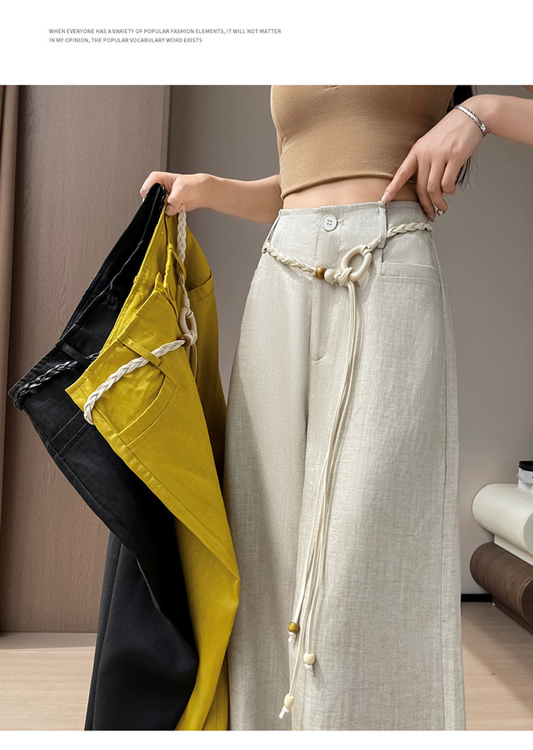 Quần culottes nữ ống rộng vải lanh cạp cao thắt lưng bản to — Màu đen thông thường chi tiết 42