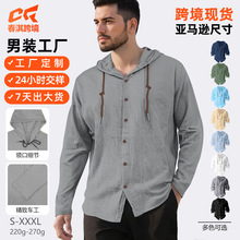 跨境男士休闲棉麻长袖连帽T恤卫衣外贸时尚潮流宽松美式沙滩衬衫