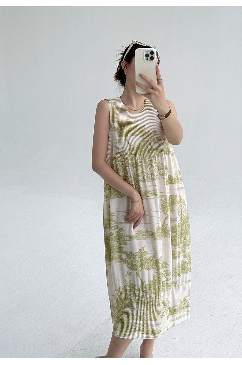 Váy maxi nữ in hoa sứ trắng xanh thắt eo phong cách Trung Quốc — Màu sâm panh chi tiết 9