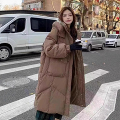 2025大口袋长款羽绒服女秋冬新款过膝抽绳连帽时尚加厚白鸭绒外套