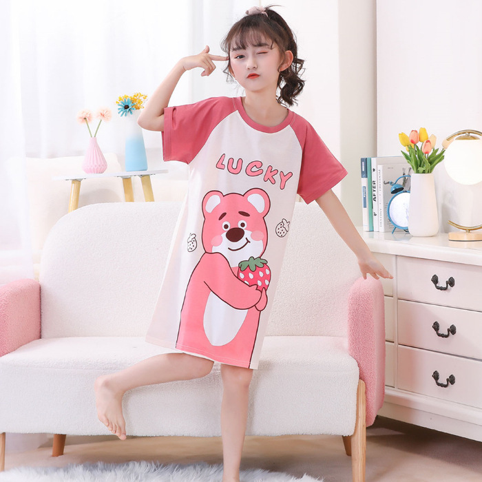 Pijama infantil princesa viento de verano nuevo pijama de niñas mangas cortas fresas oso vestido de dibujos animados ropa para el hogar