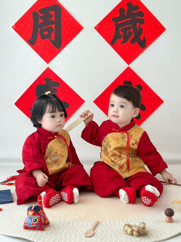 男女童周岁套装2025新款喜庆婴儿兄妹唐装周岁抓周宝宝礼服生日|undefined