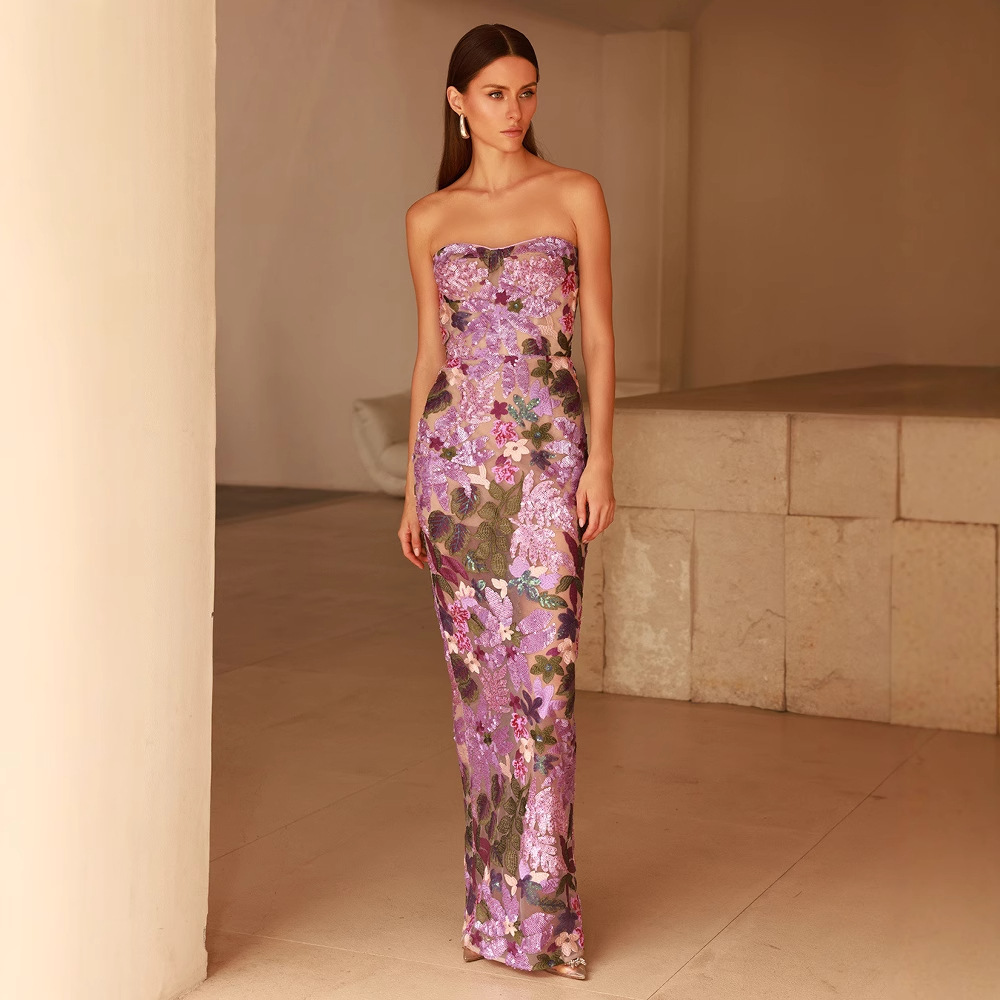 2025 European and American New Fashion Sexy Leaky Shoulder Long Dress Three-dimensional Mesh Color Embroidered Sequins Slim Fit dress