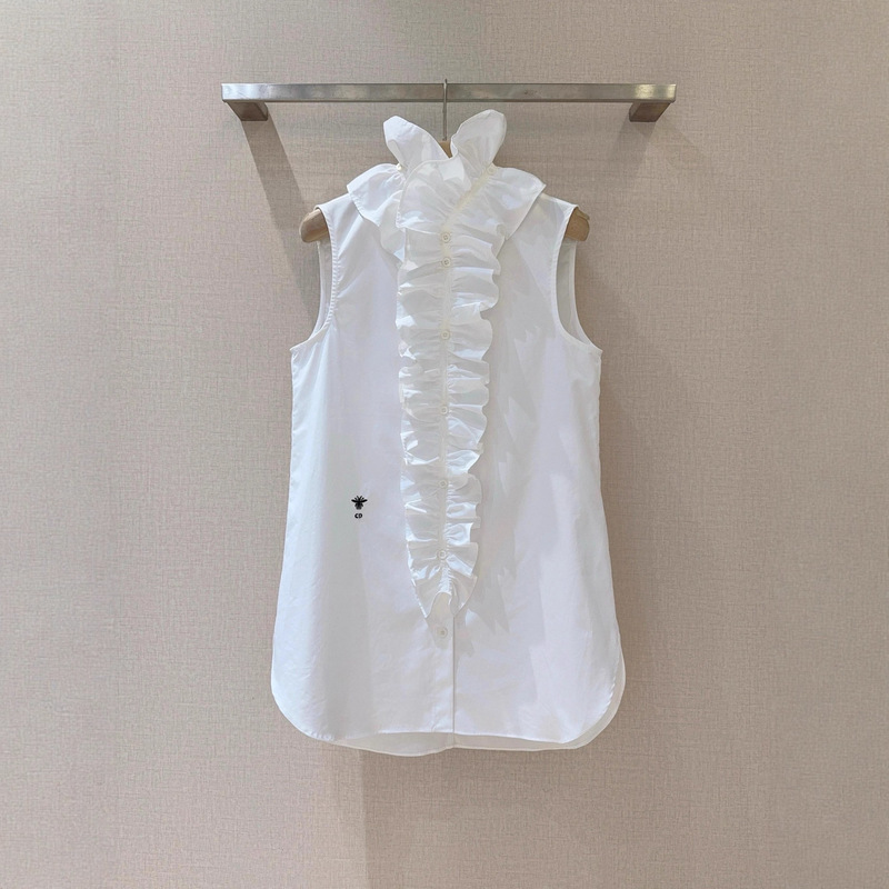 Sweet French-Style Sleeveless Shirt for Women, Summer Ruffled Collar, Pleated Front Design, Elegant and Chic for Commuting and Dating