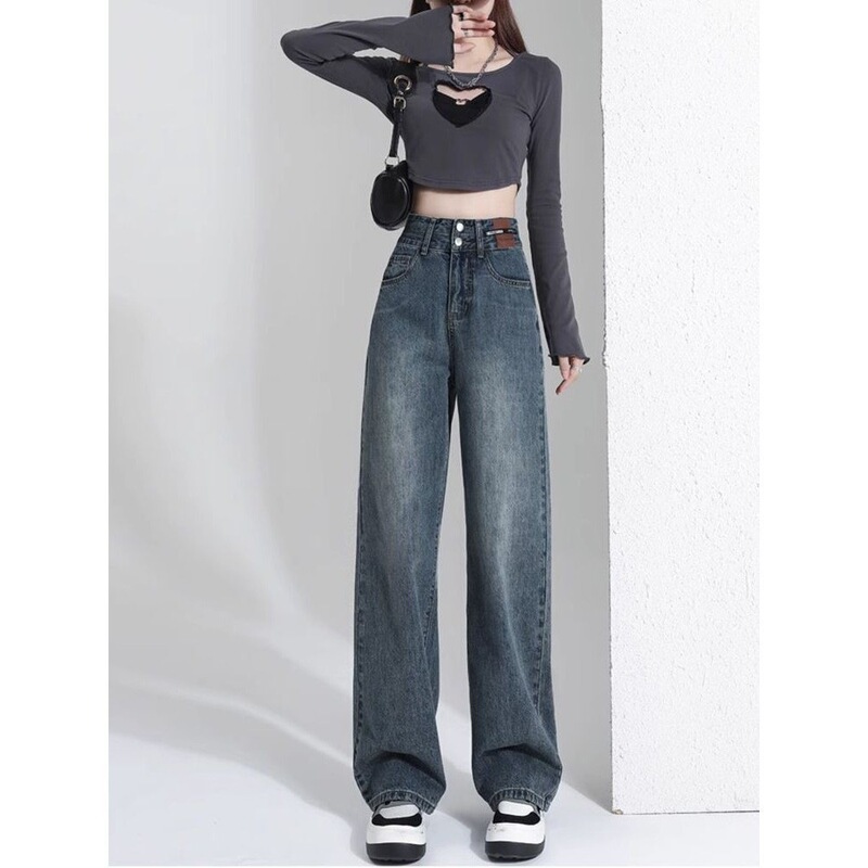 Jeanswest high-waisted wide-leg jeans for women, spring/autumn 2025 new style, loose straight cut, plus size, hip-covering, slimming, narrow version Jeanswest high-waisted wide-leg jeans for women, spring/autumn 2025 new style, loose straight cut, plus size, hip-covering, slimming, narrow version