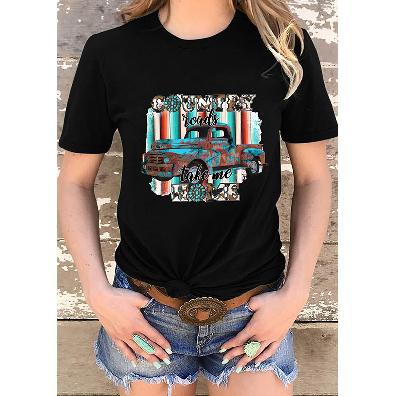 2023 Cross-border Explosions Summer Casual Short-sleeved T-shirt Women's 100 Cotton Retro Pickup Truck Pattern Printed Women's T-shirt
