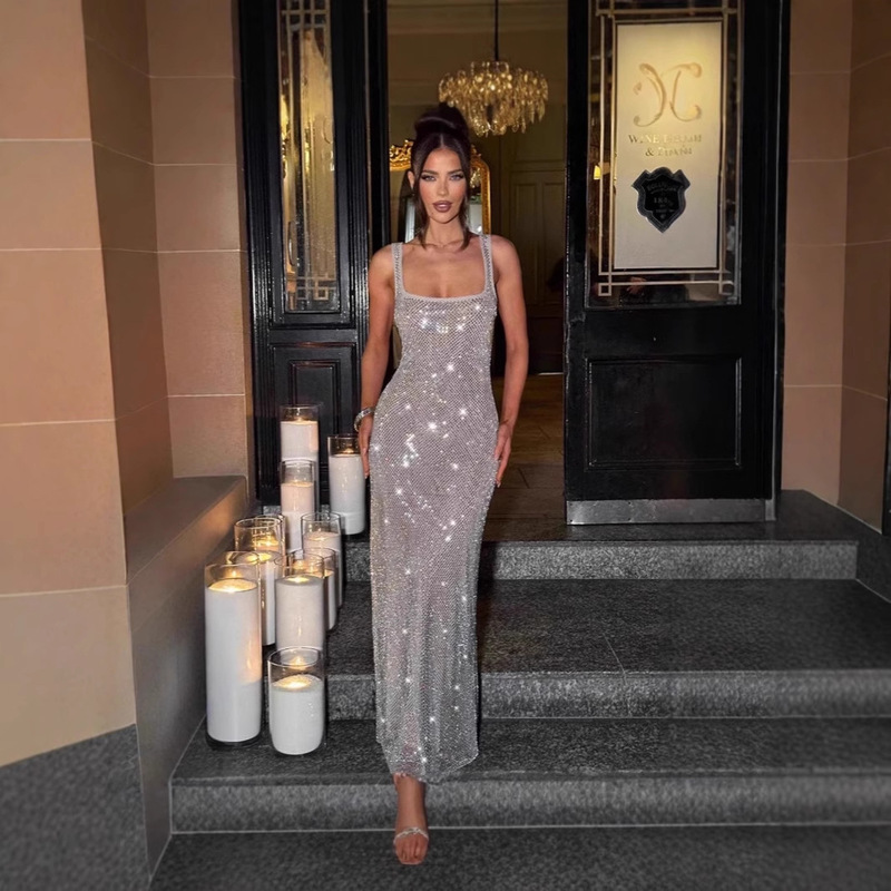 2025 New Cross-Border Sequin Suspender Skirt Dress Autumn and Winter New Elegant Waist Evening Dress Hip-Covering Skirt Long Skirt
