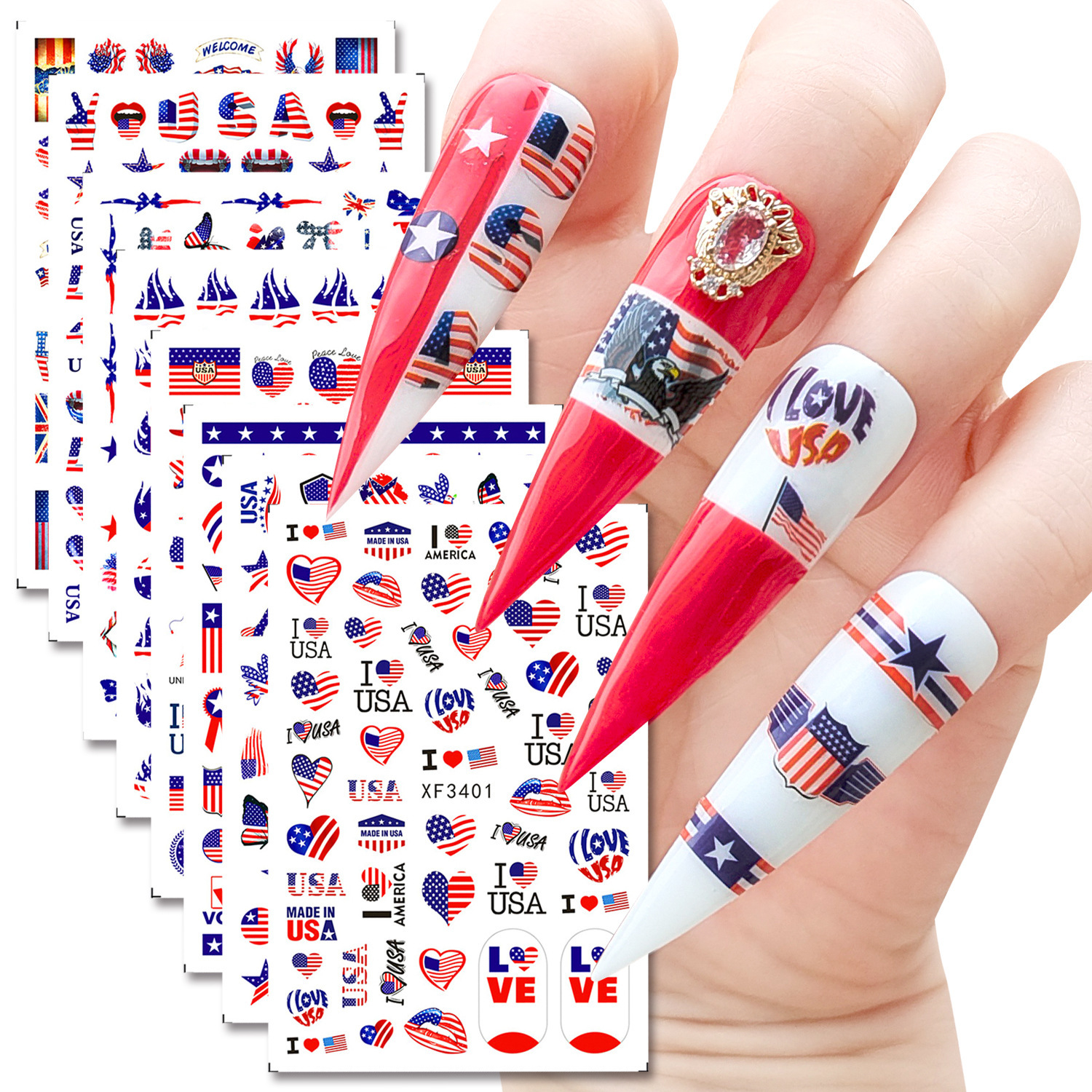 8 Pieces of Independence Day Series Nail Art Stickers with Adhesive Backing, Eco-Friendly and Compliant, Cross-Border Independence Day Nail Decoration