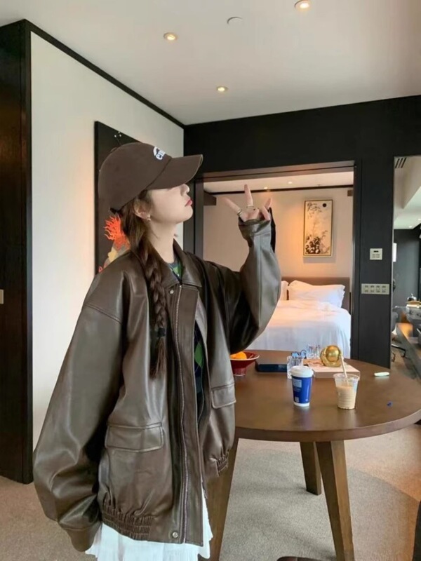 2025新款春秋皮衣外套女短款宽松显瘦美式复古机车黑色夹克小个子|undefined