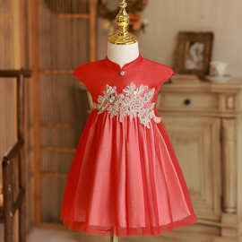 新中式红色宝宝连衣裙女童周岁生日宴礼服公主裙女童旗袍裙子批发