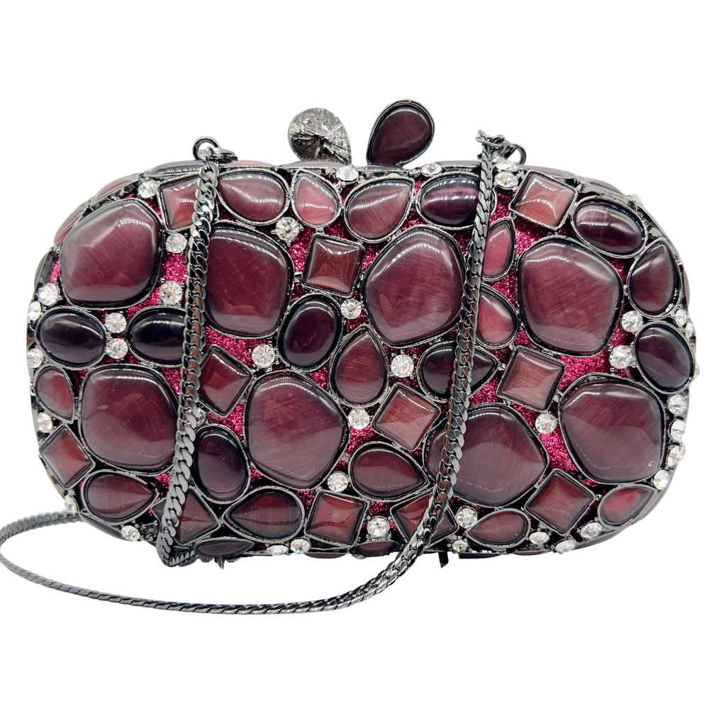 Túi clutch nữ cầm tay dạ tiệc đính đá mắt mèo kim loại rỗng phong cách Âu Mỹ — Màu hồng, màu đỏ tía, Cá tính đặt làm chi tiết 2
