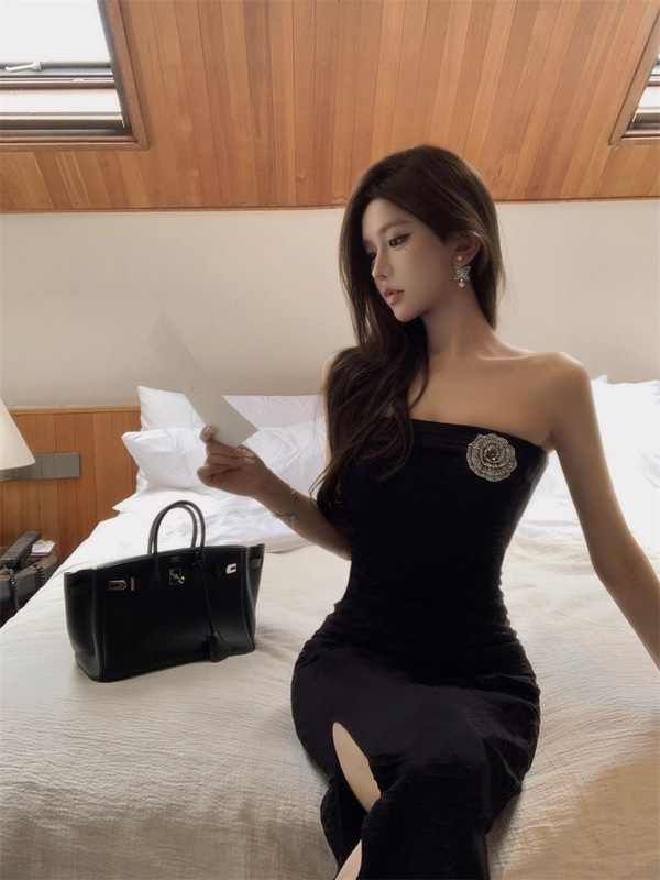 法式花朵无袖抹胸连衣裙女修身一字肩开叉包臀裙黑色宴会礼服长裙|undefined