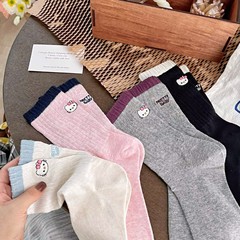 春秋学院风韩版ins多巴胺卡通后跟字母猫咪AB款撞色中筒堆堆女袜