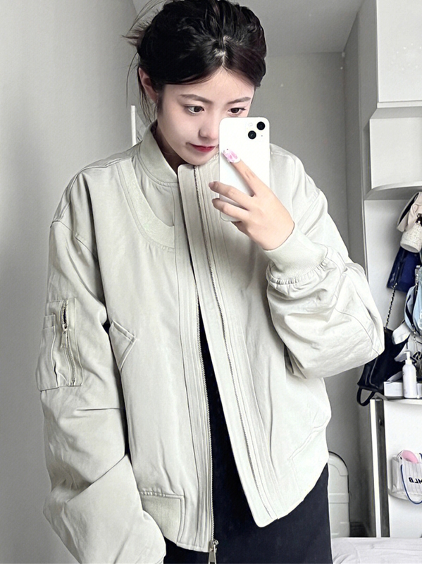 复古灰白色美式棒球服外套女秋冬季大码胖mm宽松显瘦工装夹克上衣|undefined