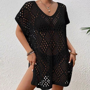 Cross-Border European and American Fashion Women's New Style Hollow Knitted Loose Mid-Length Summer Beach Cover-Up Beach Sun Protection Shirt