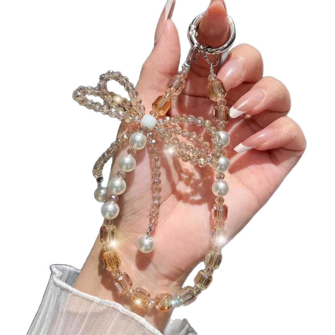 cadena de teléfono móvil estereoscópico de alta calidad arco de cristal caja de teléfono móvil colgante perla cuerdas de muñeca cuerdas de cuentas mujeres