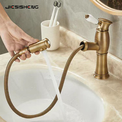 仿古全銅抽拉式面盆龍頭衛生間浴室櫃洗臉池台上盆冷熱防濺水龍頭