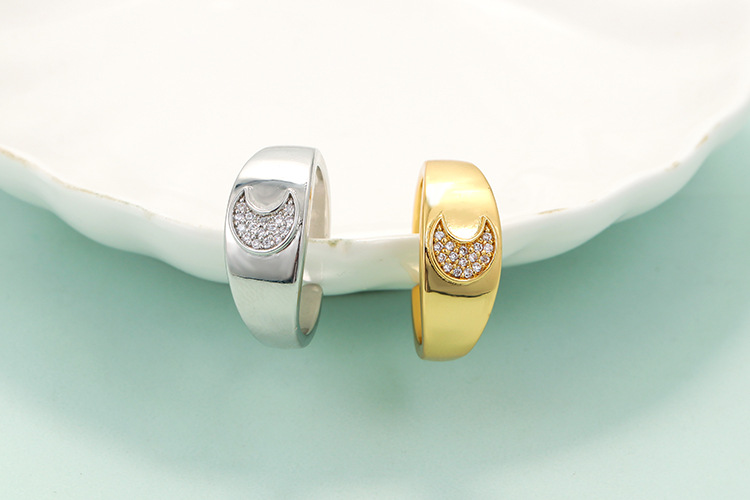 5g Weight Electroplating Gold Plating Process Fashion Simple Crescent Micro-set Zircon Opening Adjustable Copper Ring