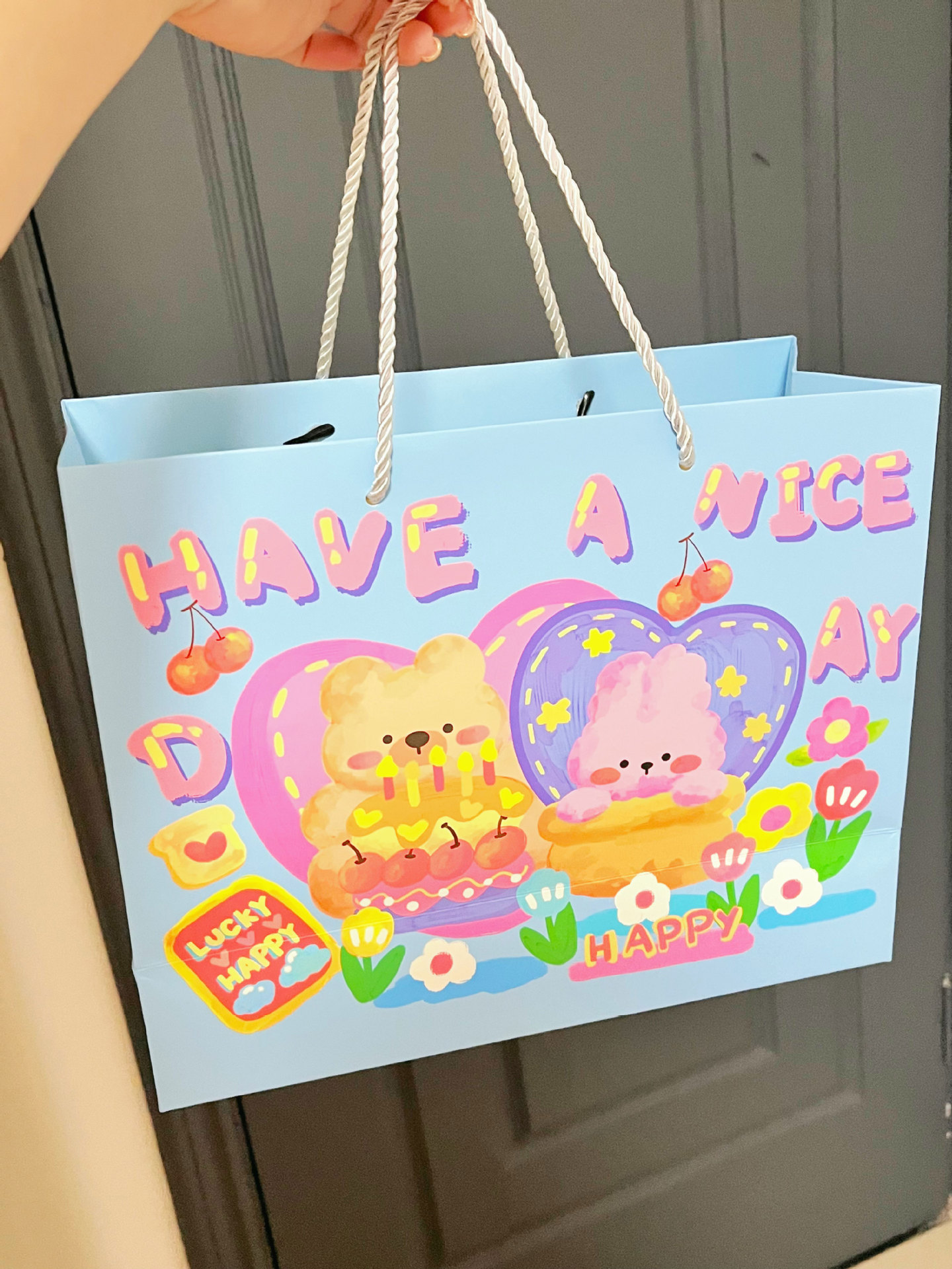 파란색 낙서 곰 대형 40*20*30, 흰색 판지, 종이 봉지