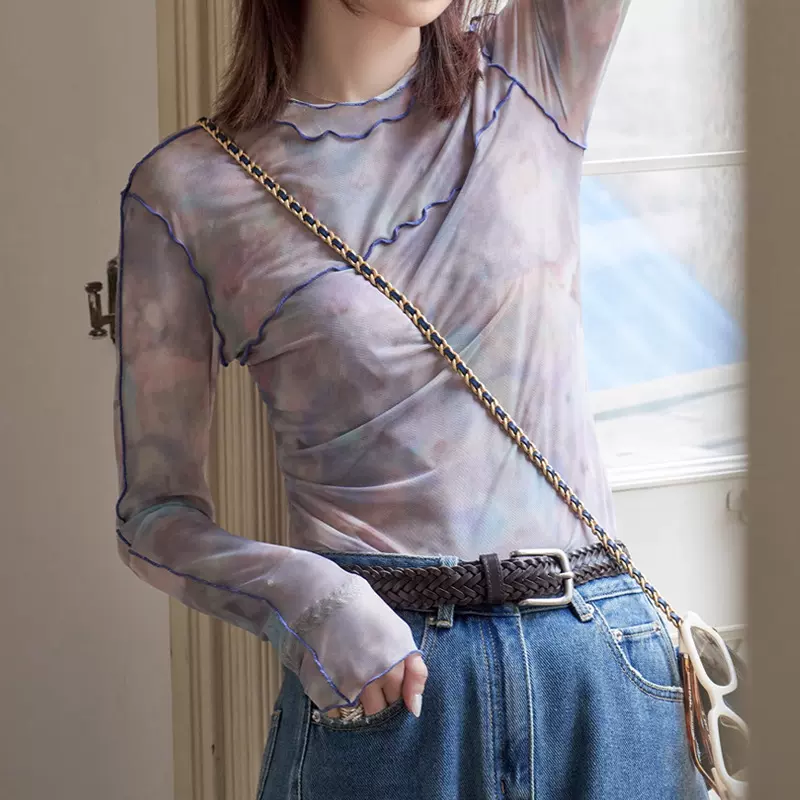 现货白描"光影沙画"晕染木耳边双层网纱打底t恤女上衣2025新款气