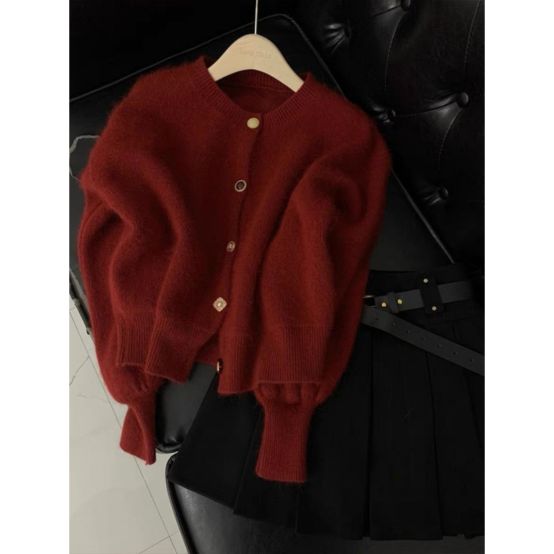 Wine-red sweater sweater for women in autumn and winter lazy style high-end beautiful sweater cardigan jacket
