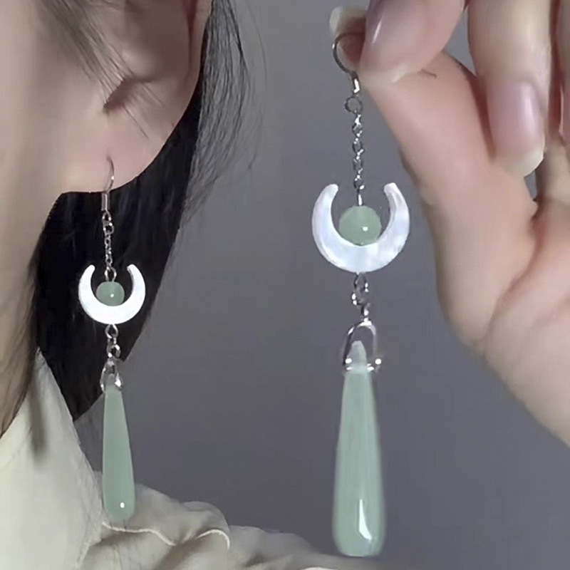 Yuesheng Canghai imitation Hetian Jade Moon earrings long water drop pendant earrings Women's Chinese style retro temperament ear hook