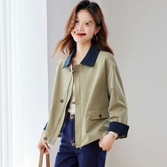 2025春装新款开衫外套女装撞色翻领宽松休闲百搭薄款工装夹克上衣