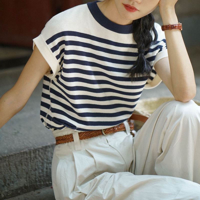 The Pure Color Summer” Sleeved Japanese Style Knitted Sea Soul Shirt Blue and White Stripesd Nautica Style Vest Thin T-Shirt