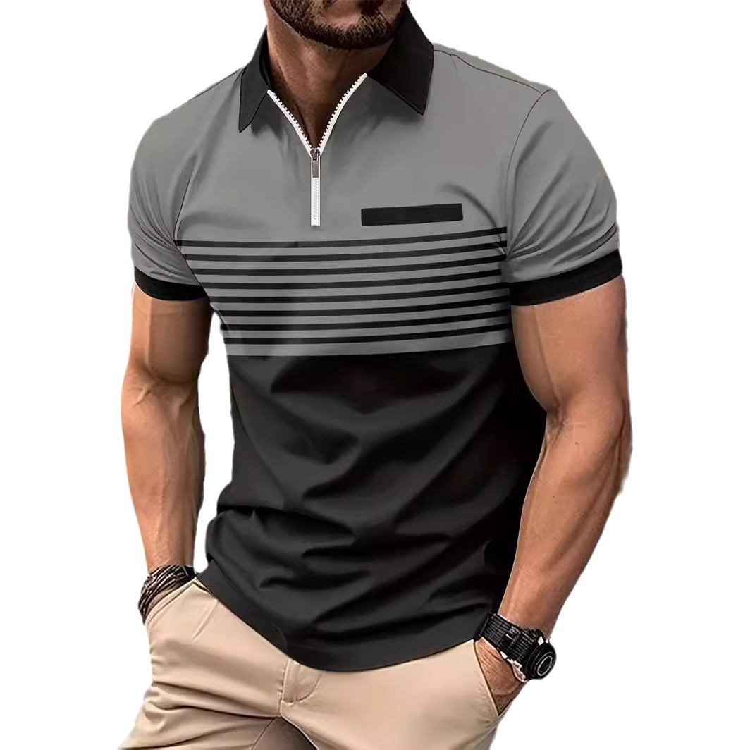 Monochrome Man- 2024 European And American New Cross-Border Striped Print Sho-Sleeve Top Men's Casual Turn-Down Collar Zipper Polo_voghion.com
