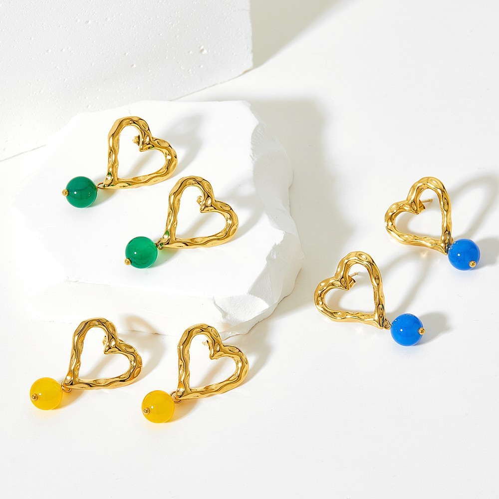 Daily Occasion 1 Pair Classic Style Heart Shape Plating Stainless Steel Agate Earrings